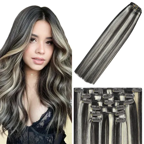 Vista 23 de WindTouch - Extensiones de cabello humano liso con pinzas, color negro azabache, 2.47 onzas, N.° 1, 12 pulgadas, 7