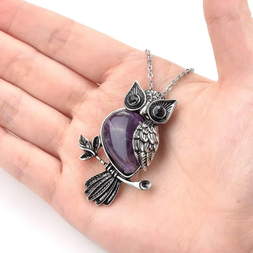 Vista 3 de Jovivi Regalos de búho, collar con dije de piedras de cristal curativo para mujeres y hombres, amatista natural, cuarzo rosa, joyería para reiki