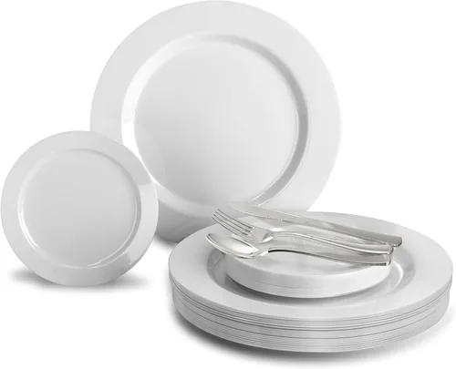 Vista 11 de Occasions" - Juego de 300 piezas y 60 platos de plástico desechables para bodas y cubiertos (lino blanco y plateado, cubiertos plateados)