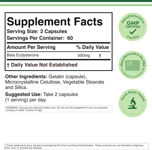 Vista 2 de Suplemento beta Ecdysterone – 500 mg por porción (120 cápsulas, 60 porciones) Potente anabólico vegetal para apoyar la salud de los hombres