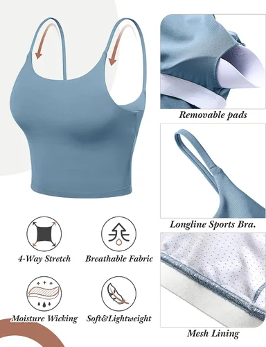 Vista 6 de 3 piezas de brasier deportivo de línea larga para mujer, con tirantes delgados, parte superior acolchada para yoga, entrenamiento, fitness, brasier