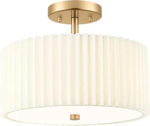 Vista 31 de Lámpara de Techo Semiempotrada Dorada, 3 Luces Accesorios de Iluminación de Techo de 12.5" con Pantalla de Tela en Forma de Flor, Luces de Tambor