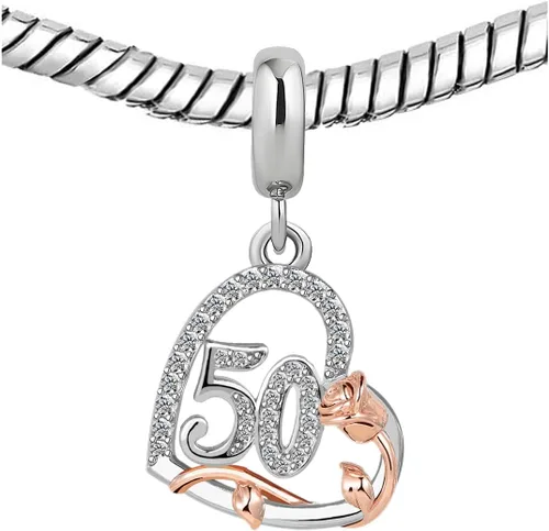 Vista 4 de KunBead Abalorios colgantes de corazón rosa de cumpleaños de 12, 13, 16, 18, 21, 30, 40, 50, 60, 70, compatible con pulsera Pandora, collar
