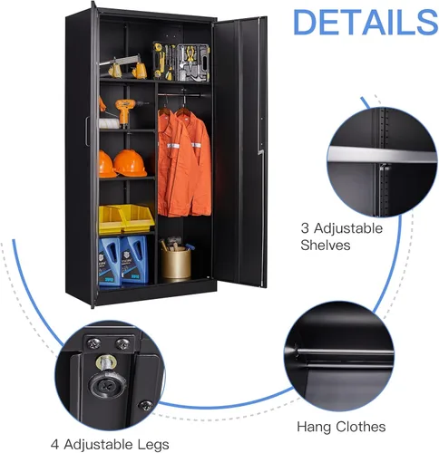 Vista 5 de Yizosh Armario de metal para colgar ropa con puertas de cerradura, armario de acero con cerradura de 72 pulgadas, organizador de ropa para Negro