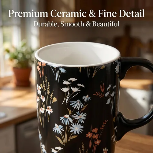 Vista 6 de Topadorn Taza de Café de Cerámica Taza de Viaje Regalo con Tapa 17oz., Taza de Té Alta de Porcelana con Asa para el Hogar y la Oficina, Taza