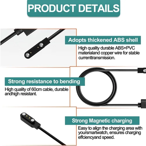 Vista 4 de 2 cargadores de reloj inteligente, cable de carga USB magnético de 2 pines de 0.112 in, cable de carga de repuesto compatible con Letsfit, YAMAY