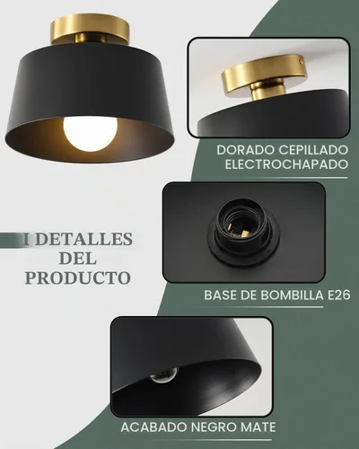 Vista 3 de Lámpara de Techo Moderna Semi Empotrada con Placa Dorada y Pantalla Negra Mate, Lámpara de Techo Estilo Granja para Isla de Cocina Comedor Vestíbulo