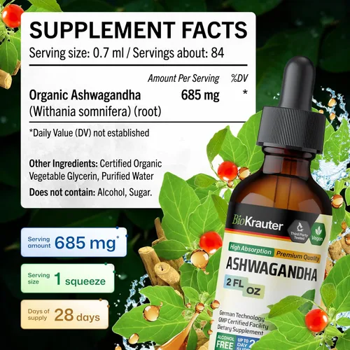 Vista 4 de BIO KRAUTER® Suplementos de Ashwagandha – Gotas líquidas pura Ashwagandha vegana para mujeres y hombres, 685 mg por porción, 2 onzas líquidas