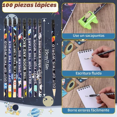 Vista 2 de Kolewo4ever Juego de papelería de 148 piezas con temática del espacio exterior: 100 lápices espaciales, lápices de astronauta, 24 planetas cohetes