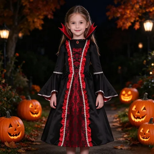 Vista 6 de yolsun Disfraz de vampiro para niñas, disfraz de reina medieval noble de Halloween Negro/Rojo