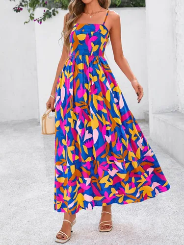 Vista 2 de PRETTYGARDEN Vestido largo de verano para mujer, con tirantes delgados, bohemio, floral, a rayas, para invitadas de boda, playa, vacaciones, vestido