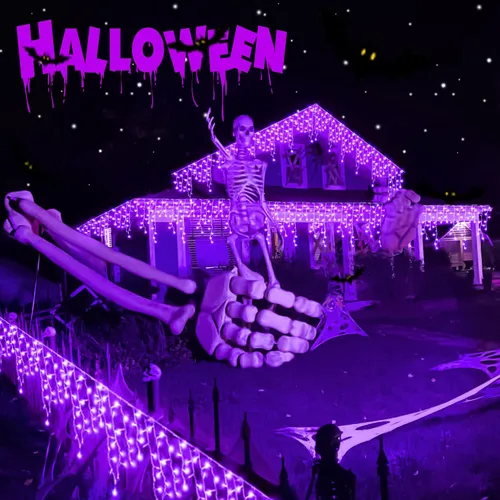 Vista 8 de JMEXSUSS Luces moradas de Halloween (cadena de luces solares y luces de carámbano de Halloween)