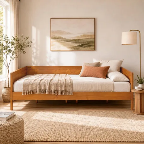 Vista 11 de Marco de sofá cama de madera de tamaño individual con rieles de 3 lados y Walnu Oscuro