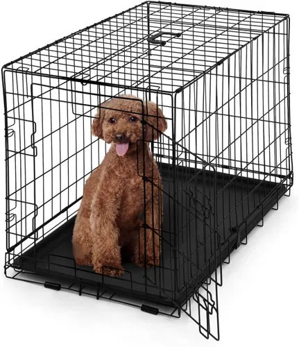 Vista 12 de BOWHAUS Jaula plegable de alambre para perros con panel divisor, bandeja a prueba de fugas y patas protectoras, puerta individual y doble, jaula