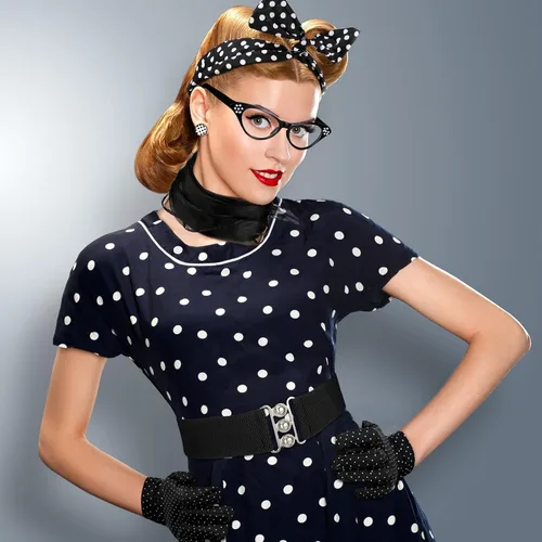 Vista 4 de Newcotte 7 piezas de accesorios de disfraz de los años 50 para mujer, bufanda, lunares, ojo de gato, bandana, diadema, aretes, guantes, cintura