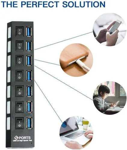 Vista 2 de Concentrador USB 2.0 de 7 puertos, extensor USB con interruptores LED individuales de encendido/apagado, protección contra sobrecorriente, Plug and