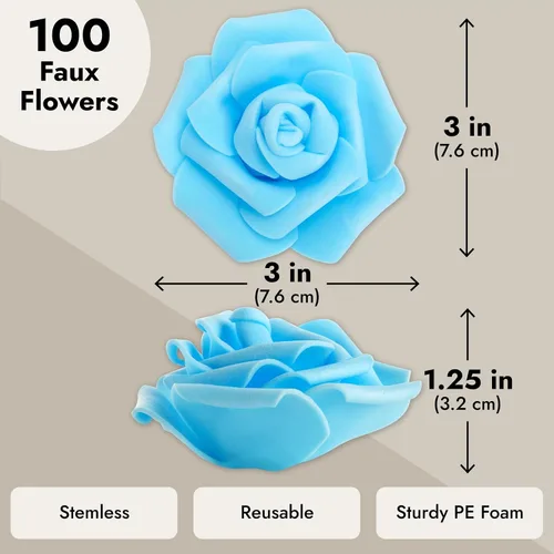 Vista 3 de Juvale – 100 unidades de rosas artificiales para decoración de bodas, baby showers, manualidades, 3 pulgadas
