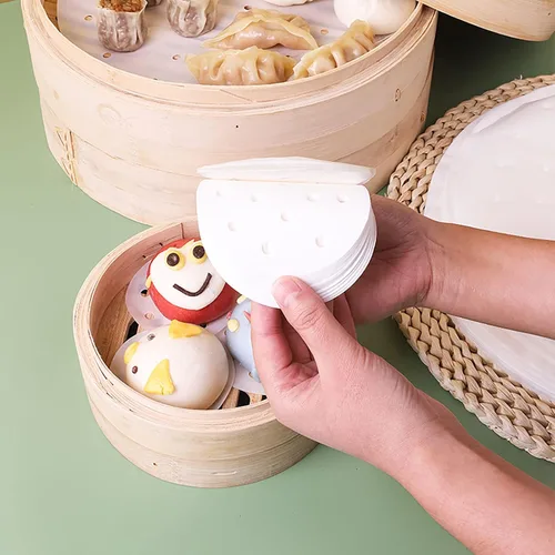Vista 6 de 400 piezas de pequeños liners para vaporera de bambú, papel antiadherente mini para bollos al vapor y dumplings (10 cm)