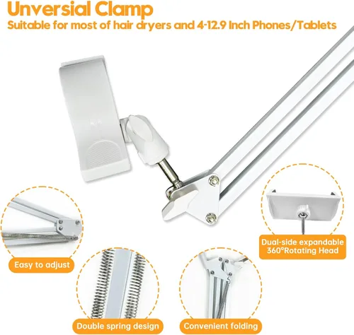Vista 7 de Soporte blanco para secador de pelo de perro, soporte giratorio de 360° con abrazadera ajustable para secadores de pelo, soporte 3 en 1 para secador