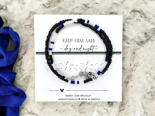 Vista 2 de Keep Him Safe Day And Night Morse Code Beaded Wrap Bracelet for Law Enforcement Mother, Unique Gift for Mom Wife Girlfriend Grandma Sister Best