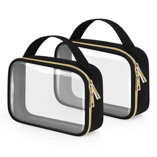 Vista 32 de Bolsa de aseo transparente Wedama, paquete de 2 bolsas de maquillaje transparentes con asas, bolsas cosméticas de PVC para mujeres y hombres, bolsas