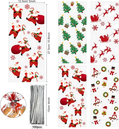 Vista 2 de Outus 100 piezas de bolsas de celofán de Navidad, bolsas de Navidad de plástico con lazos giratorios para dulces, galletas, golosinas, envoltorios