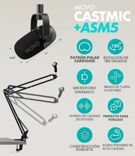 Vista 5 de Movo - Paquete de equipo de podcast portátil para teléfonos iPhone/Android, kit de podcast con interfaz de audio, 2 micrófonos dinámicos CastMic, 2