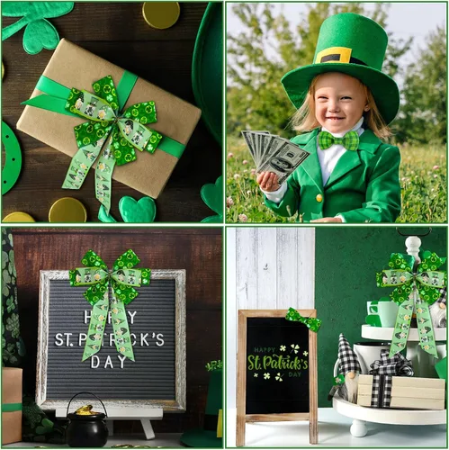 Vista 6 de Whaline Cinta de borde con alambre del día de San Patricio, trébol verde, gnomo, tela a cuadros, para envolver manualidades irlandesas