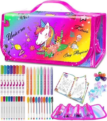 Vista 12 de weirtoya 56 marcadores perfumados lavables con estuche con purpurina, arte y manualidades de unicornio de sirena para niños de 4 a 8 años, kits