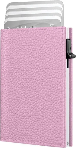 Vista 11 de Cartera para hombre – Cuero minimalista de triple pliegue, funda inteligente para tarjetas emergentes con bloqueo RFID, soporte delgado de metal
