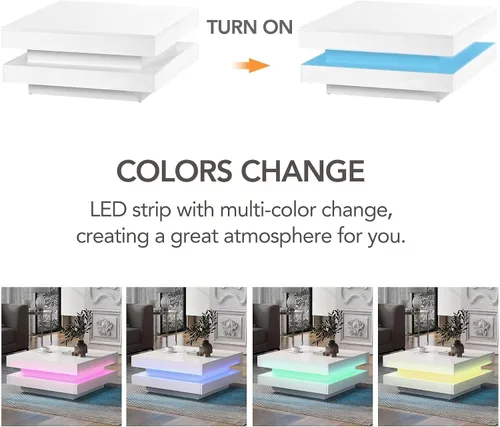Vista 8 de Mesa de centro cuadrada moderna, mesa de cóctel de 2 niveles con iluminación LED y control remoto, mesa central de alto brillo para sala de estar