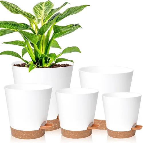 Vista 11 de Vanslogreen Macetas Paquete de 5, Macetas de 7/6.5/6/5.5/5 Pulgadas de Riego Automático con Agujeros de Drenaje para Plantas de Interior, Macetas