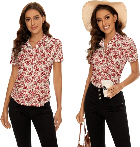 Vista 5 de Soneven Camisa polo de manga cortasin mangas para mujer, cuello en V, con botones