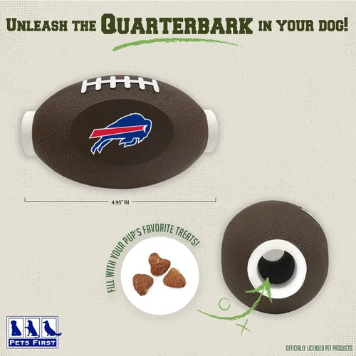 Vista 4 de NFL Buffalo Bills Juguete Dispensador de Premios de Fútbol Americano para Perros y Gatos, Juguete de Pelota de Goma para Mascotas, Juguete