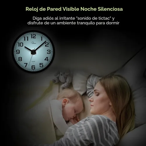 Vista 6 de WallarGe Reloj de pared con luz nocturna para dormitorio, 12 pulgadas Negro