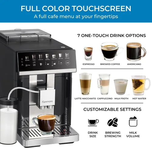 Vista 3 de Kenmore Cafetera Automática Completa - Con Molinillo, Espumador de Leche y Vaporizador, Tamper Automático, Máquina de Espresso Descalcificadora