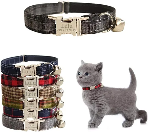 Vista 12 de Collar de gato personalizado con placa de nombre, collares ajustables de nailon resistente para identificación de gato con campana, personaliza