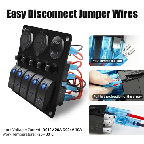 Vista 6 de FXC Panel de interruptor basculante azul marino impermeable de 5 segmentos con enchufe USB QC3.0 y ranura tipo C + encendedor de cigarrillos +