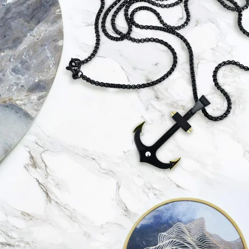 Vista 2 de Buve Collar con colgante de ancla negra, colgante náutico para hombres con puntas doradas y collar pirata de cadena Rolo de 26 pulgadas, hecho