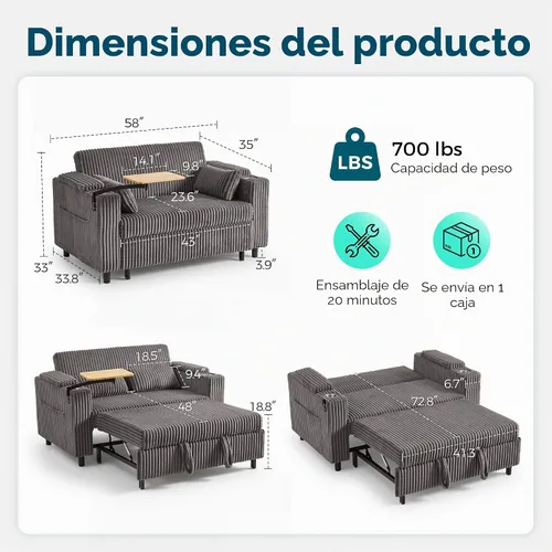 Vista 2 de LINSY HOME Sofá cama extraíble 3 en 1, sofá cama convertible de 58 pulgadas para sala de estar, mesa giratoria de 360°, reposabrazos de Gris