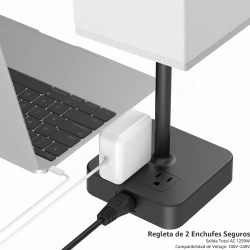 Vista 5 de Lámpara de mesa de noche con control táctil y puertos de carga USB C+A, lámpara de escritorio LED con 2 salidas de CA, luz minimalista para mesita