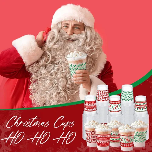 Vista 6 de Qinyoung 100 Piezas Vasos de Plástico de Navidad de 12 onzas Vasos Desechables de Navidad Rojo y Verde Suéter Árboles de Navidad Diseño de Copos
