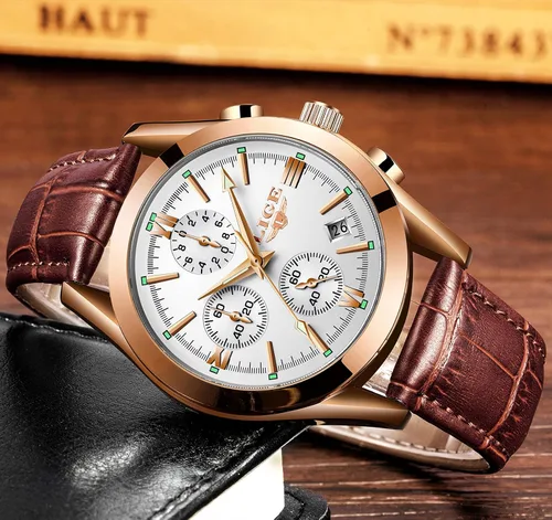 Vista 4 de LIGE Reloj analógico de cuero para hombre, reloj de pulsera de cuarzo, para citas, negocios, casual, impermeable, reloj deportivo, color negro