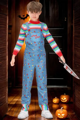 Vista 4 de BesserBay Halloween Kid's Jumpsuit Cartoon Set with Striped Shirt Blue 2-14 Years Azul