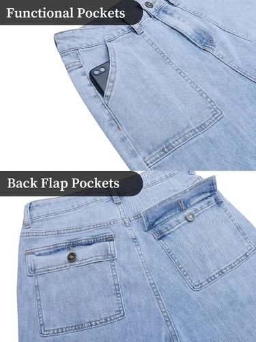 Vista 7 de Jeans cargo para mujer, de cintura alta, pierna ancha, con bolsillo de solapa, Y2K, jeans de carpintero para mujer, pantalones cargo de mezclilla