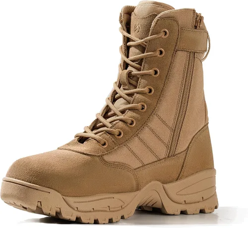 Vista 12 de Botas militares tácticas de trabajo para hombre, de piel negra, impermeables, para motocicleta, combate, militar, con cremallera lateral