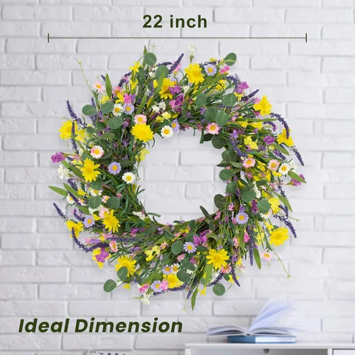 Vista 5 de LLZLL Decoraciones de primavera para el hogar, corona de primavera de 22 pulgadas, coronas artificiales de verano con hojas de eucalipto, lavanda