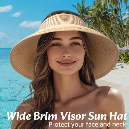 Vista 4 de NPQQUAN Sun Visor Hats for Women Wide Brim Ponytail Straw Beach Hat Packable Foldable UPF 50+ Floppy Travel Hats
