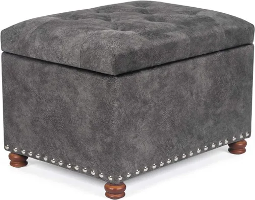 Vista 9 de Homebeez Banco otomano de almacenamiento copetudo, taburete de terciopelo con parte superior elevadora y ribete de cabeza de clavo (gris oscuro)