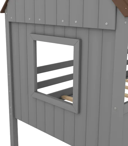 Vista 9 de Quarte Fun House - Cama con techo y dos ventanas laterales, cama baja de madera tamaño individual con escaleras pequeñas y barandilla, para niños